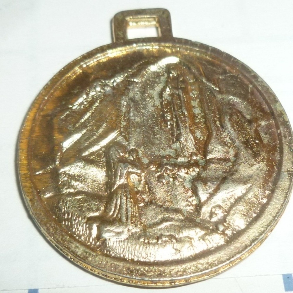 Vintage Our Lady of Lourdes Religious Medal Pendant Gold Tone Bernadette Grotto